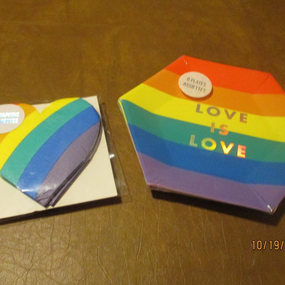 Love is Love Gay Pride LGBTQ Party Supplies Meri Meri 8 Plates, 20 Heart napkins